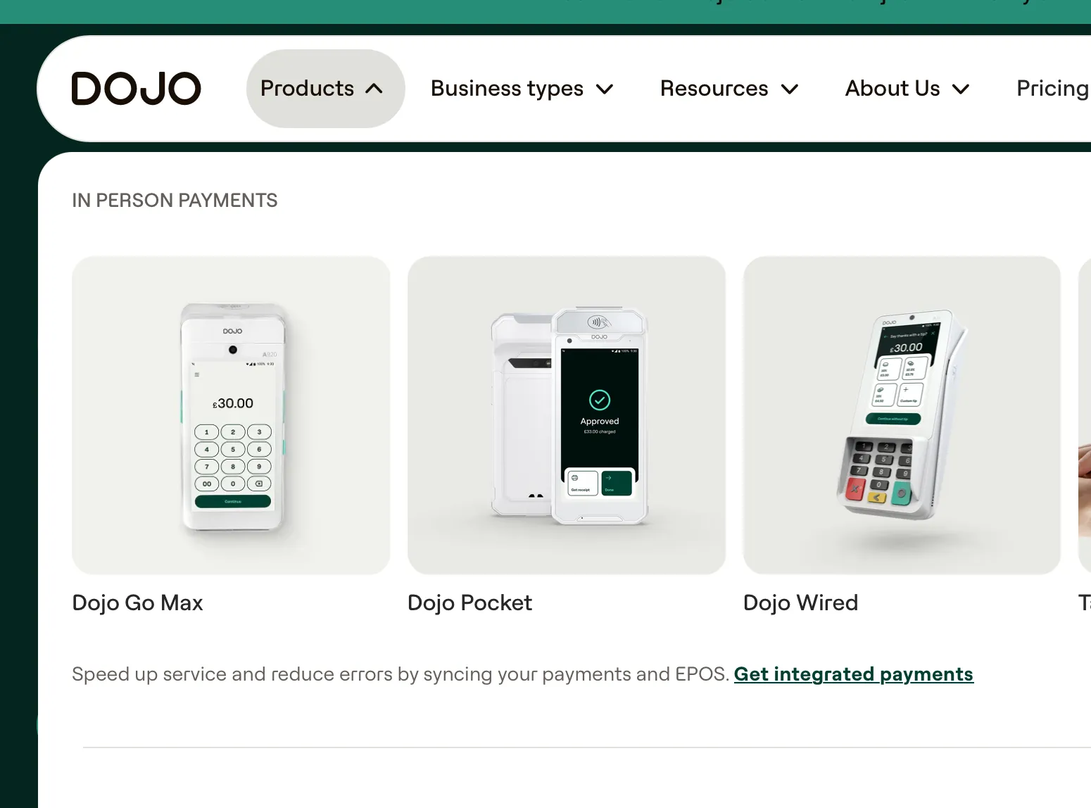 The new dojo.tech navigation with the Products menu open, showing Dojo's card machines as image cards