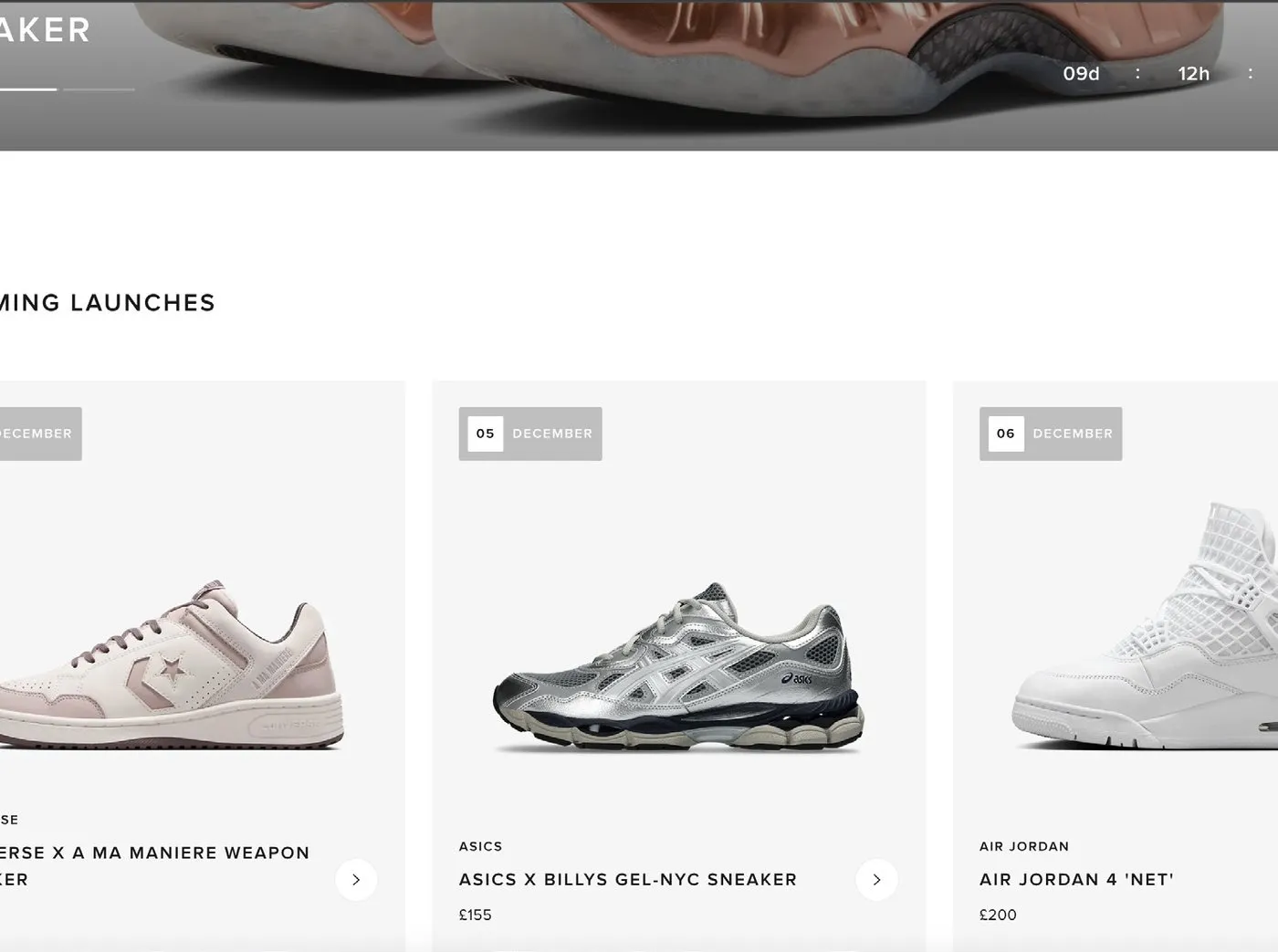 Redesigned END. Launches homepage, with upcoming launches shown as cards with their launch dates