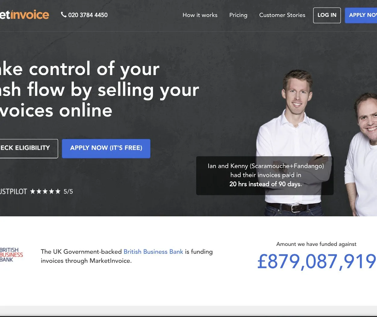 MarketInvoice homepage before the migration, built in AngularJS
