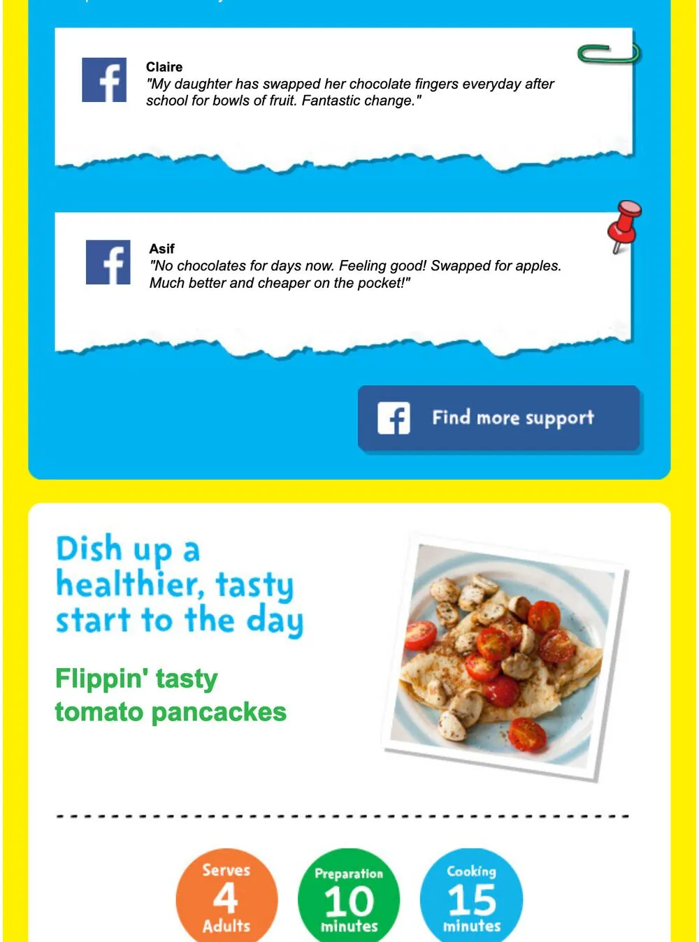 Public Health England healthy swaps email with a recipe for tomato pancakes