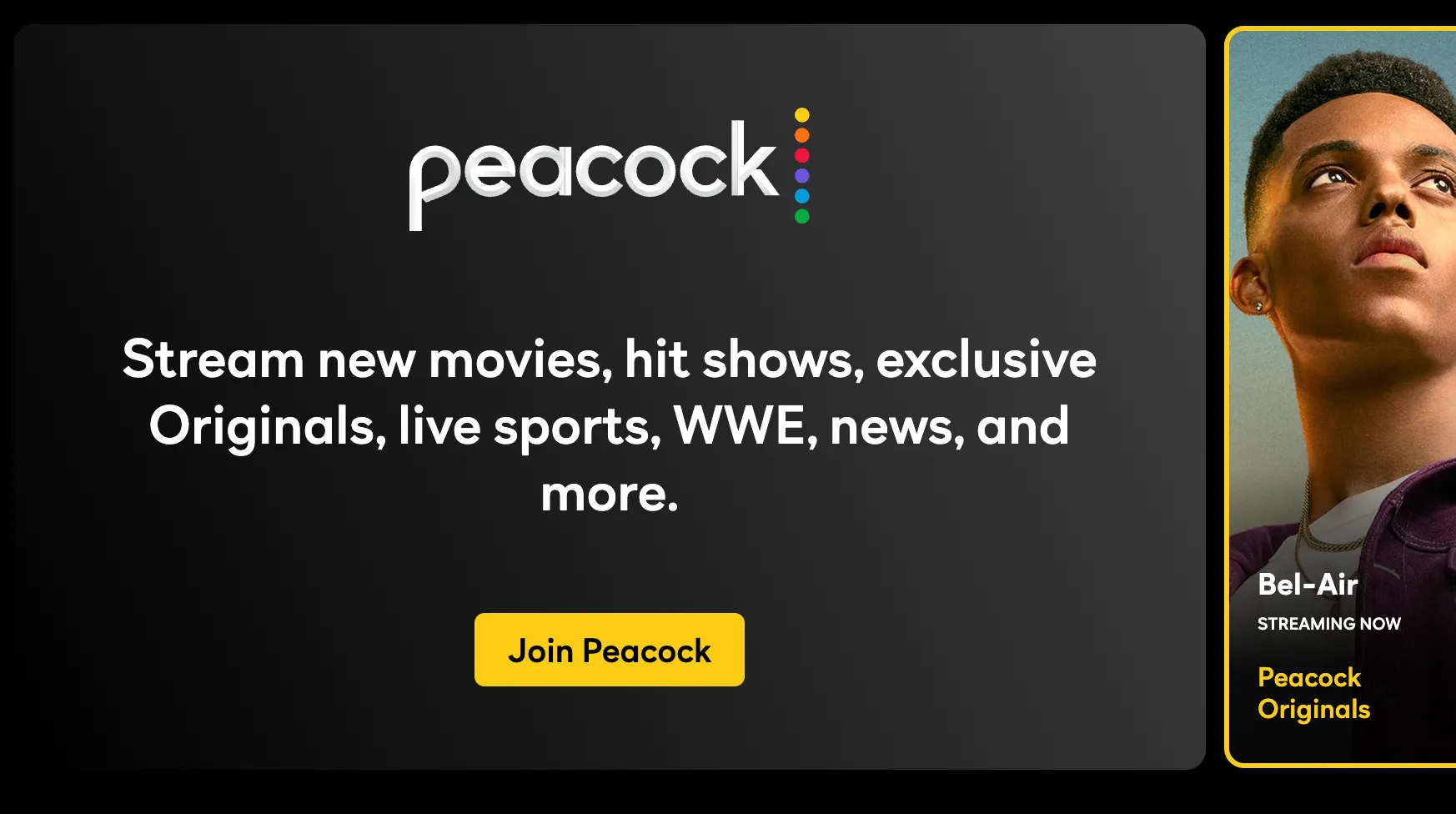 Peacock's sign-up banner with the old square-cornered Join Peacock button