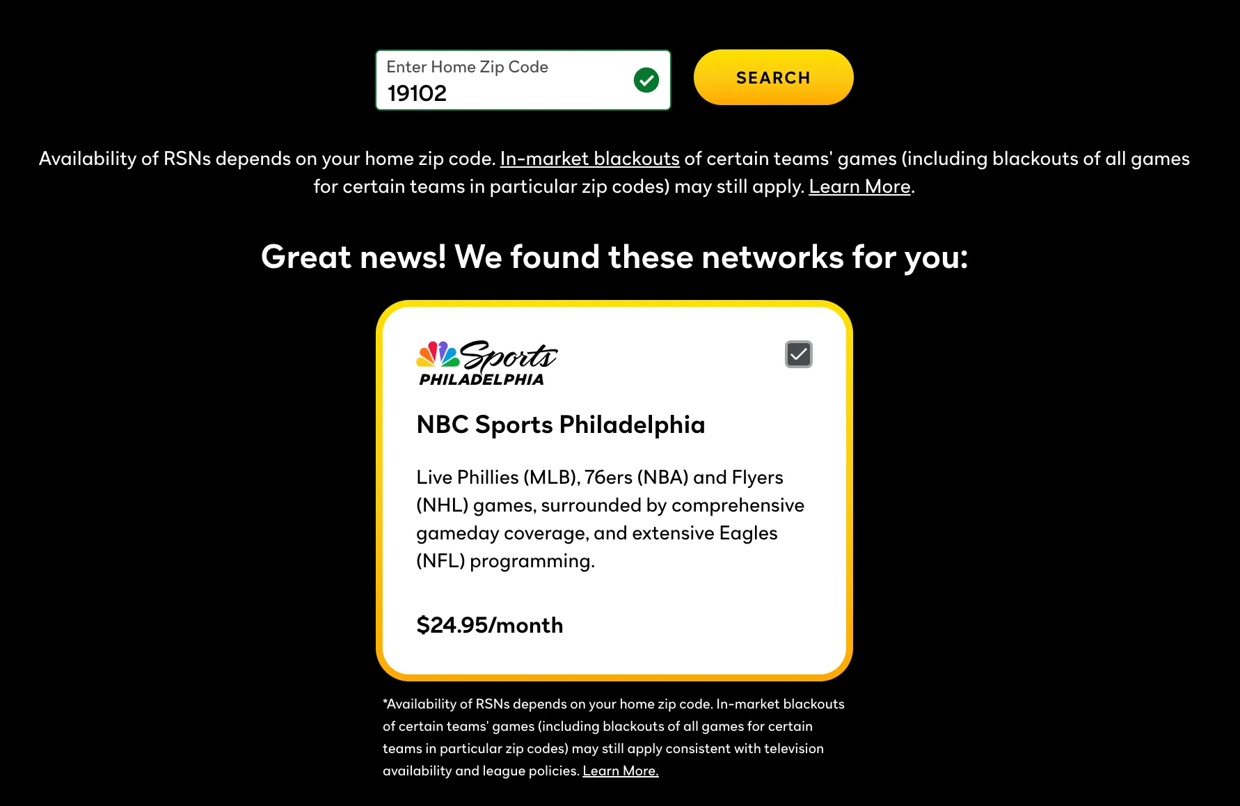Peacock's Regional Sports Network search with the ZIP code 19102 entered, showing NBC Sports Philadelphia at $24.95 a month