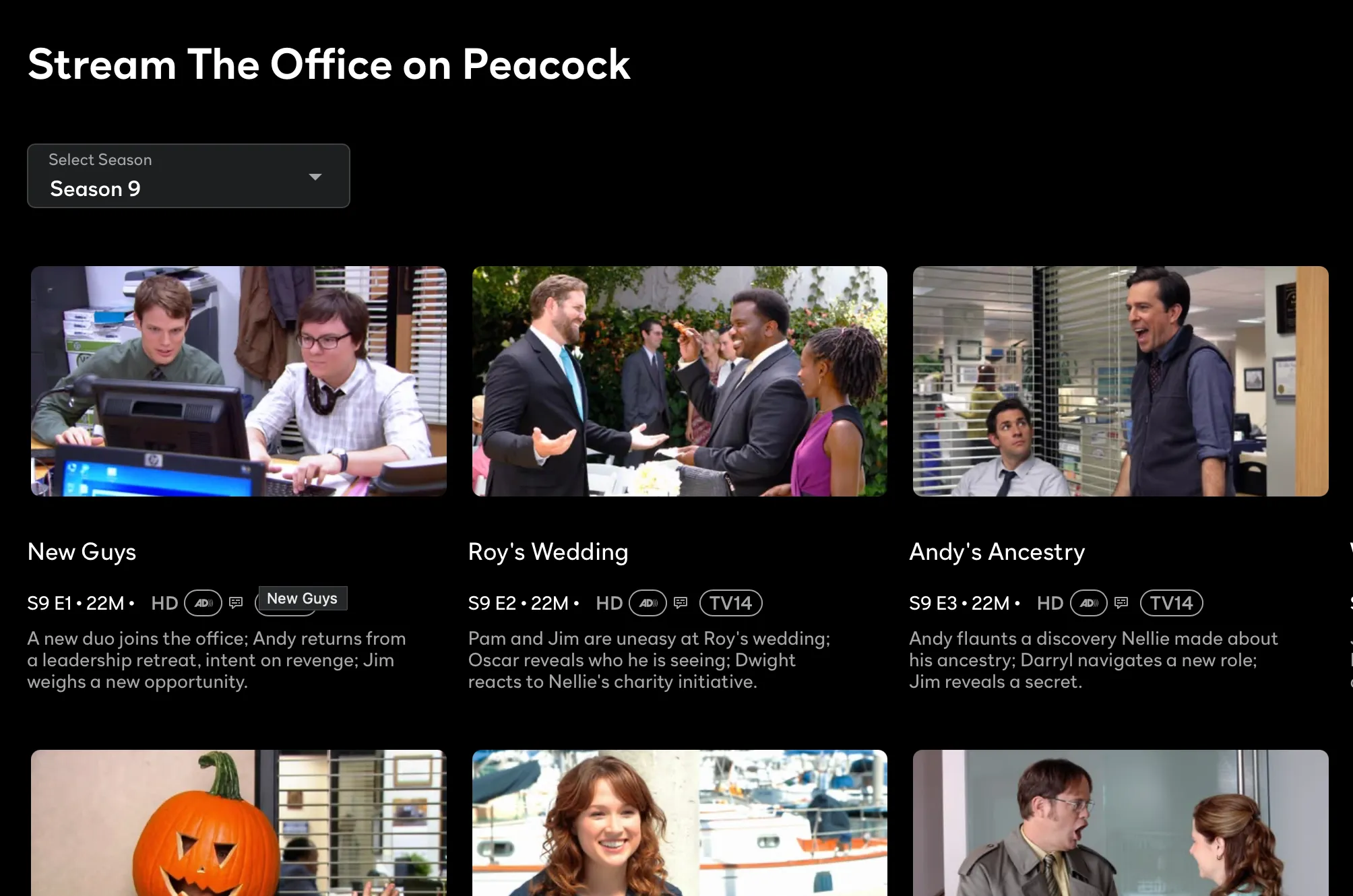 Peacock page for The Office with a season picker set to Season 9 and episode cards showing titles, runtimes and synopses